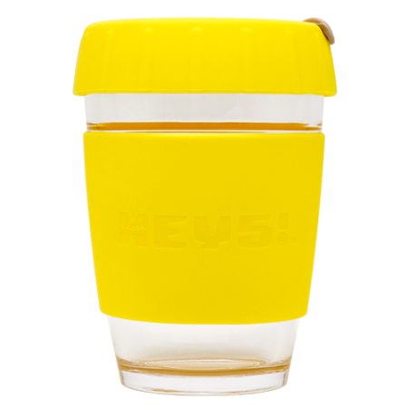 HEY5! Reusable Glass Coffee Cup, Yellow Silicone with Grey Cork 12oz 