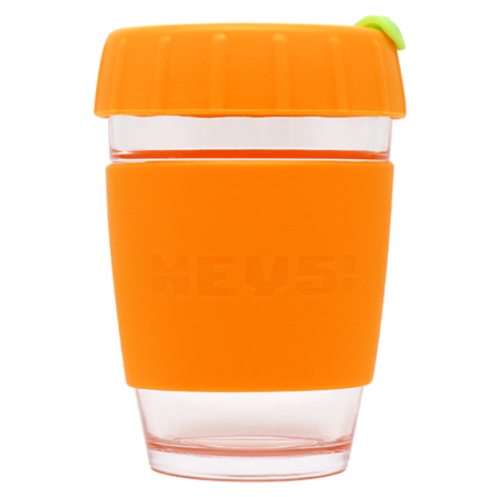 HEY5! Reusable Glass Coffee Cup 12oz Orange Silicone with Green