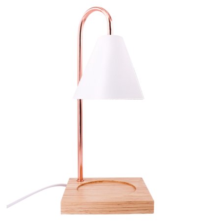 Candle Warmer, White Lampshade, Rose Gold Stand with Burly Wood Base